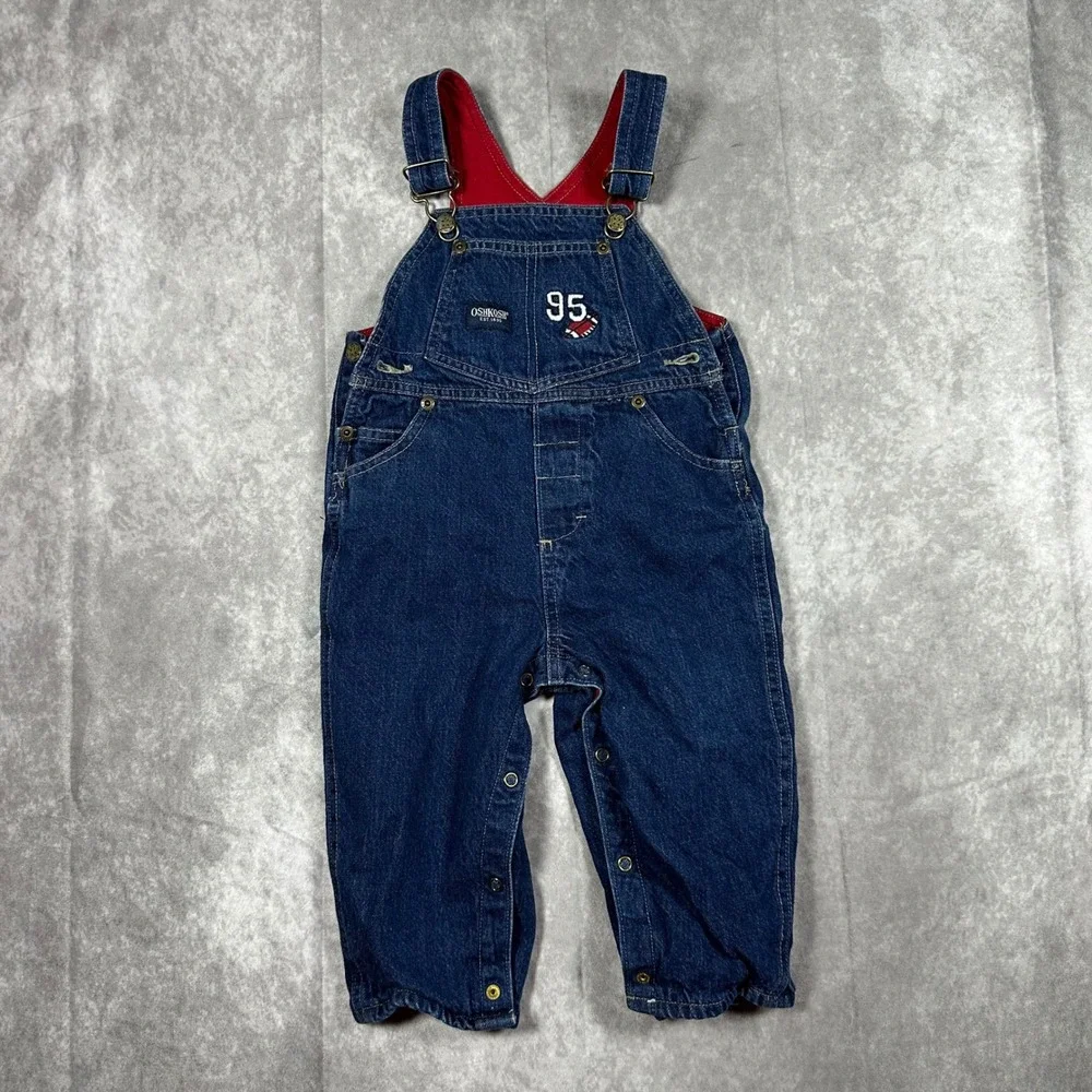 Vintage OshKosh Bgosh Kids 18M Blue Denim Red Lined Football Owl Overalls 90s